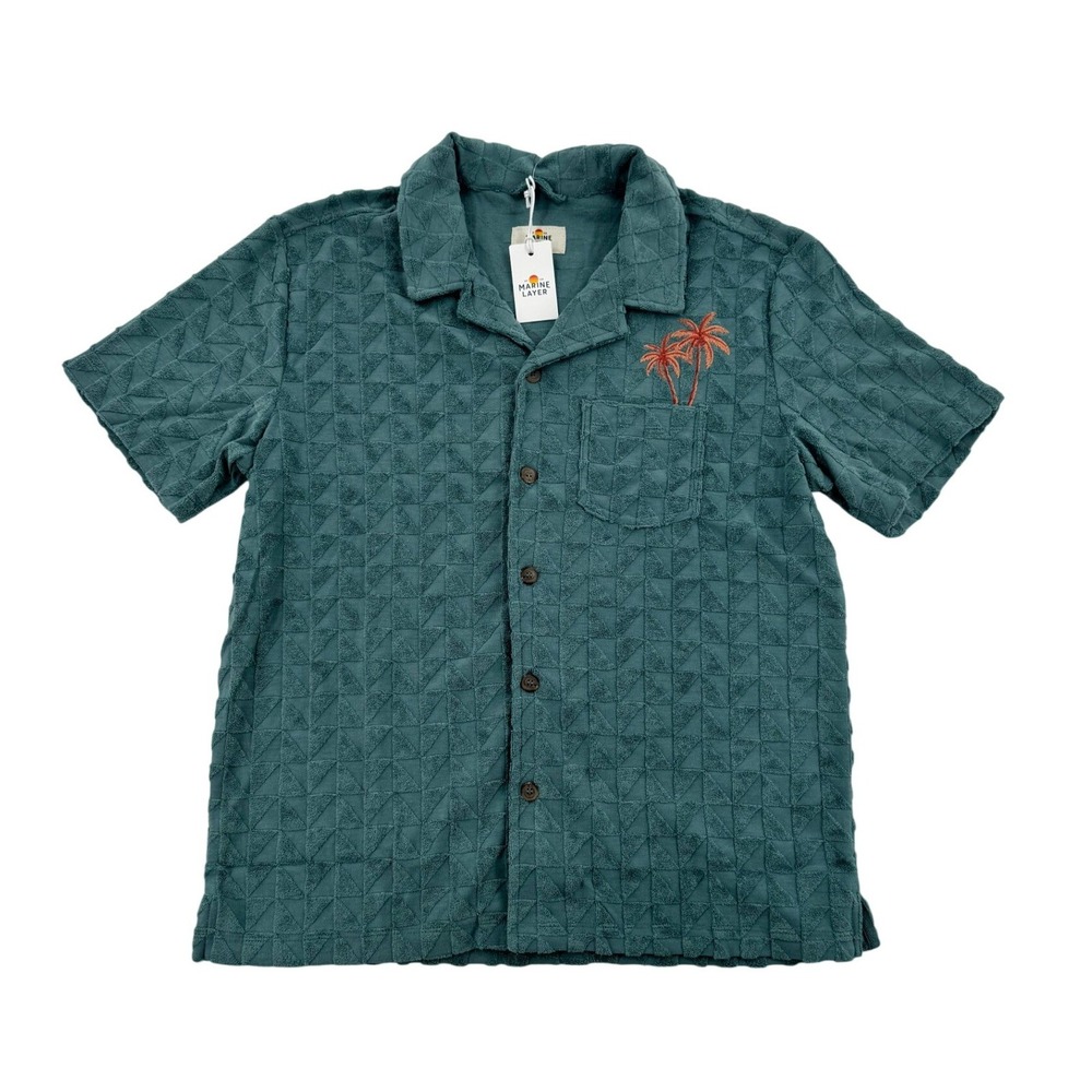 Marine Layer Towel Terry Resort Shirt Mens Medium Teal NWT Palm Tree Geometric